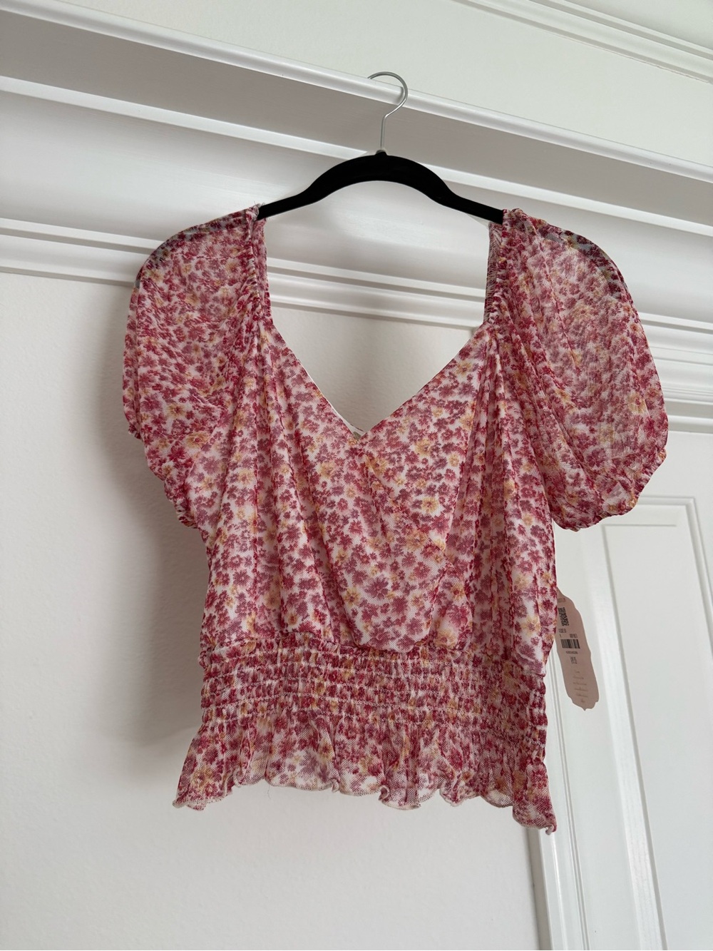Altar'd State Pink Floral V-Neck Puff Sleeve Smocked Peplum Top